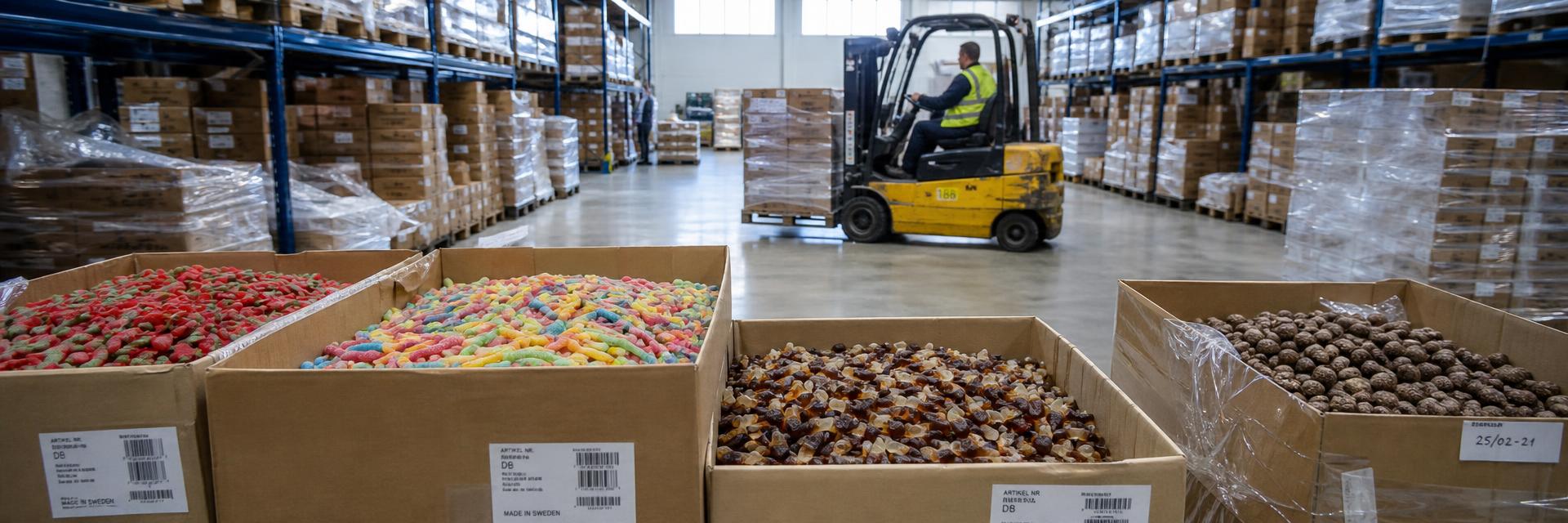 Bulk Swedish candy cases ready for wholesale shipment from our US warehouse